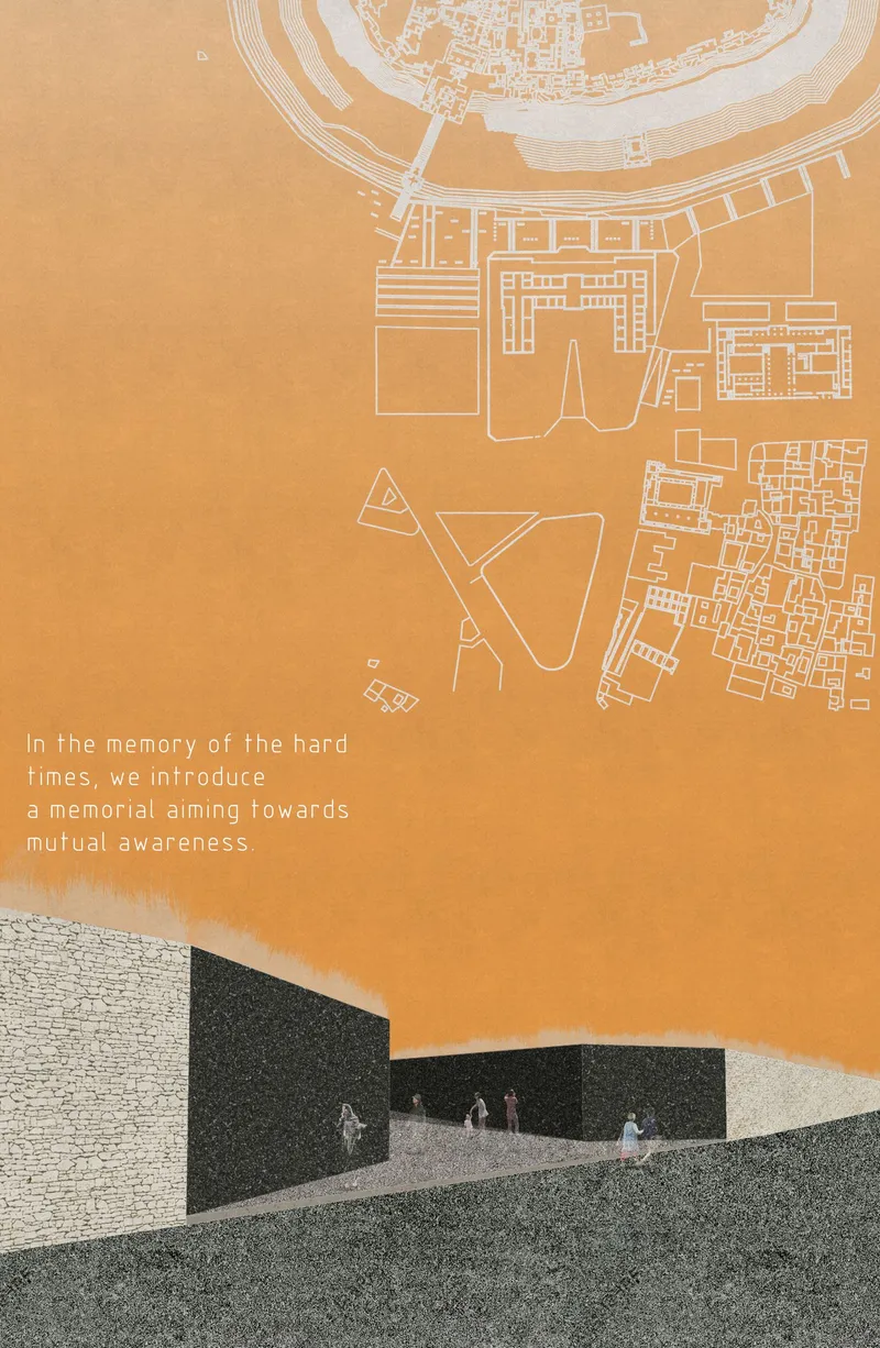 Composite drawing showing site plan and perspective rendering of a ramped memorial with visitors and textured walls
