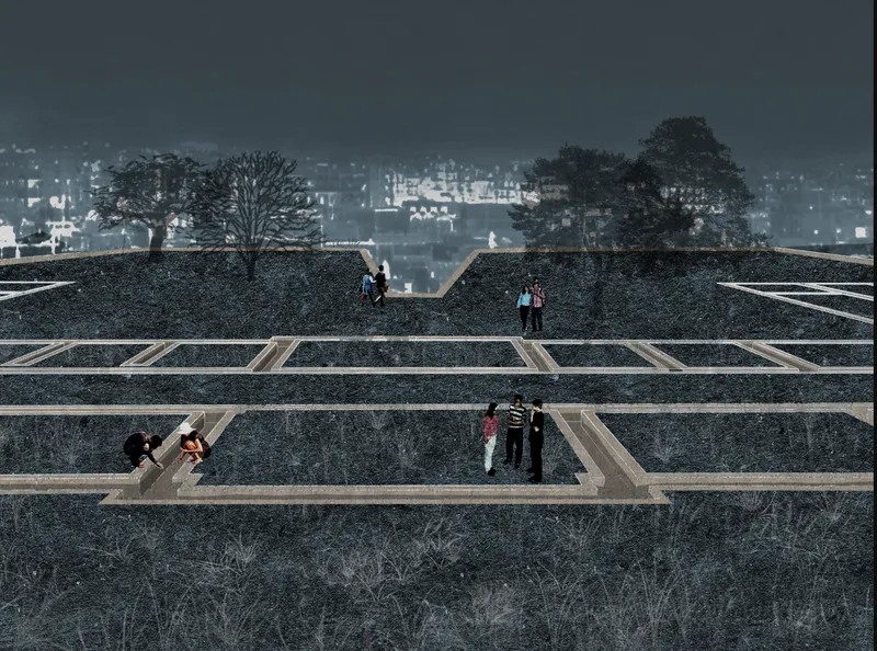 Terraced memorial landscape with timber-framed foundation outlines and visitors against a misty urban backdrop at twilight