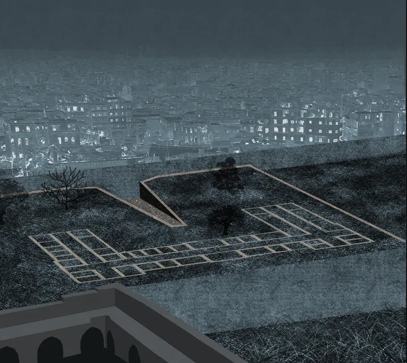 Elevated view of the stepped memorial plaza with geometric timber frames and a lone tree at nightfall