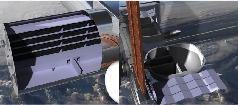 Interior view of the habitable cylindrical modules with horizontal louvers and white solar arrays in orbit