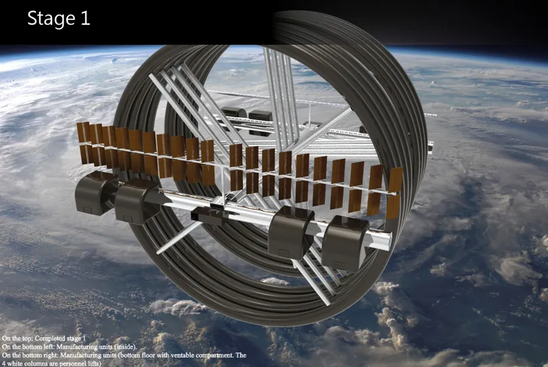 Circular structural frame with ribbed arches enclosing solar arrays and white cylindrical modules against Earth