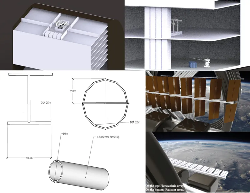Technical drawings and renderings showing axonometric views, section cuts, and dimensional diagrams of modular components