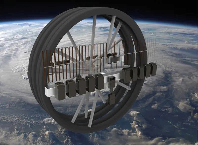 View through the circular ribbed frame showing solar panels and rectangular modules in low Earth orbit