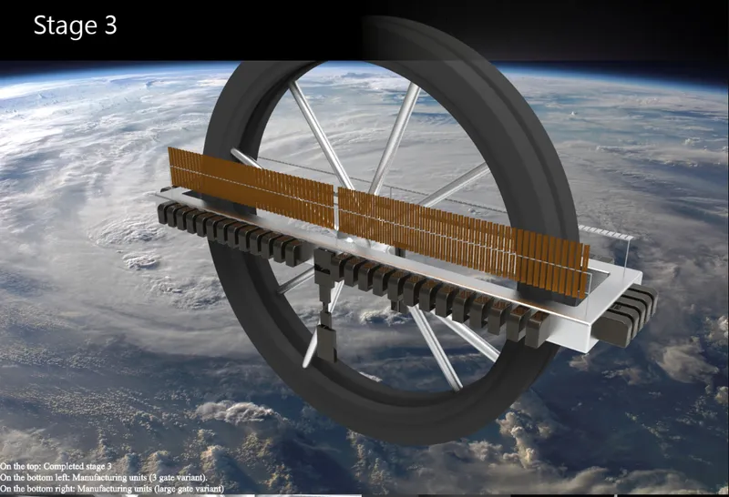 Completed ring structure with horizontal solar array spanning between tubular modules above the planet