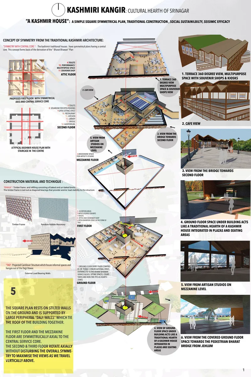 Exploded axonometric drawings illustrating symmetrical floor plans, construction details, and terrace views