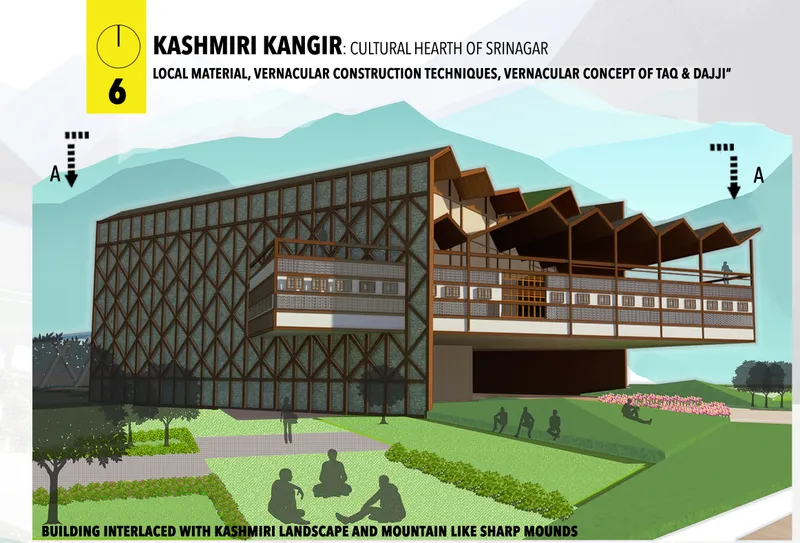 Perspective view of the lattice screen facade above sloping landscape with scattered visitors