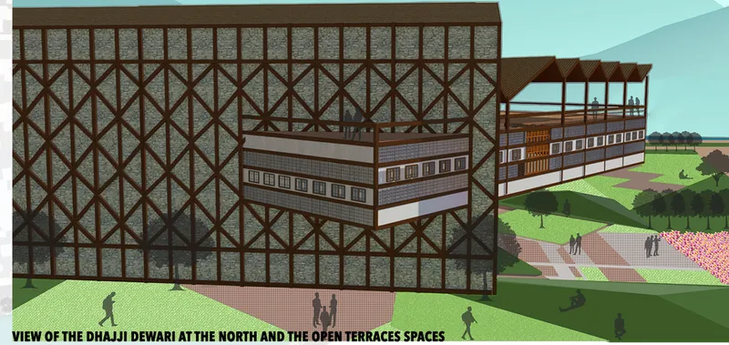 Close-up rendering of the timber lattice wall and horizontal banded facade overlooking open terraces