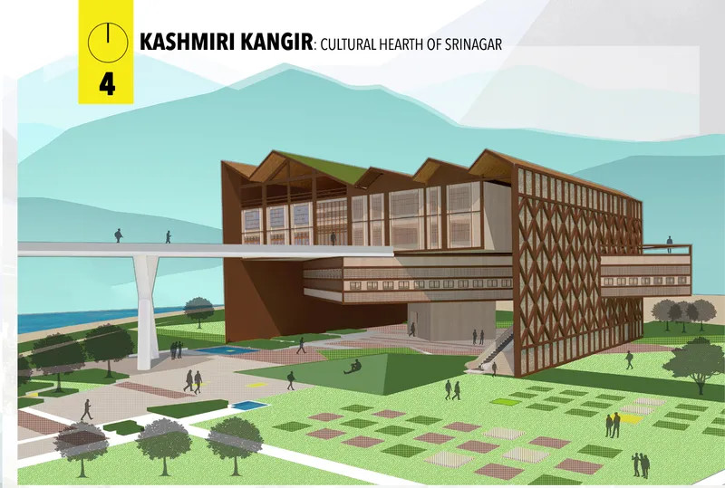 Perspective rendering of the multistory building with diamond-patterned timber screen and elevated pedestrian bridge
