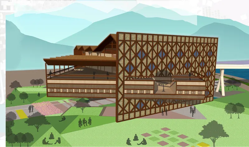 Rendered view showing the layered timber facade with diagonal lattice screen facing landscaped grounds