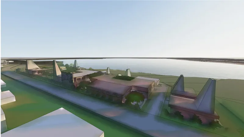 Digital model view of interconnected pavilions with triangular roofs beside a water body under overcast sky
