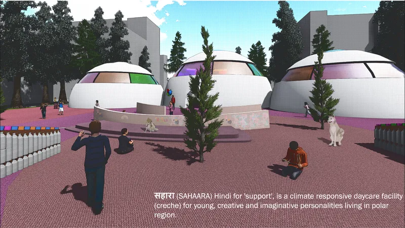 Pink paved courtyard with white dome structures and scattered figures among young evergreen trees