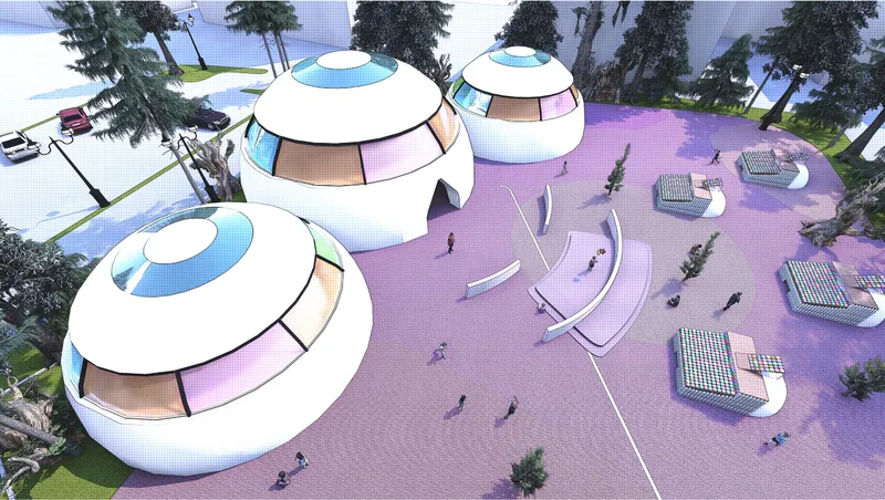 Aerial view of clustered dome pavilions with colored clerestory panels around a purple plaza