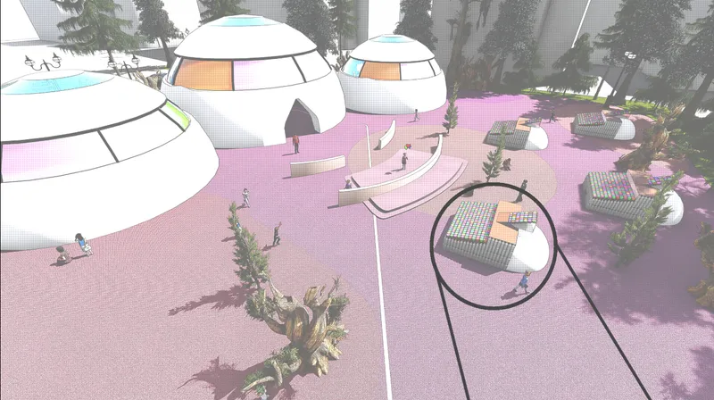Elevated view of white dome entries and raised planters along curved paths in misty daylight