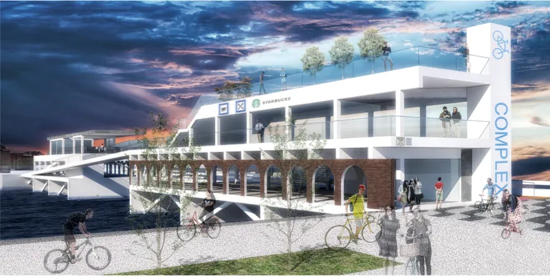 Rendering of a white multi-level structure with brick arches and cyclists on the gravel plaza below at dusk