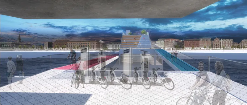 Rooftop plaza with bike share stations, white tiled surface, and glass canopy volumes against the waterfront backdrop