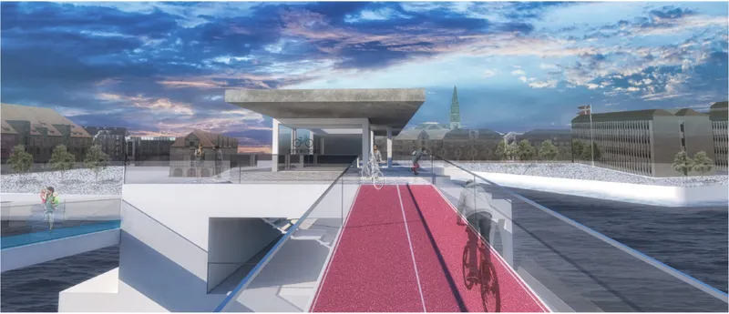 White gravel roof deck with concrete canopy, red running track, and pool area under dramatic evening sky