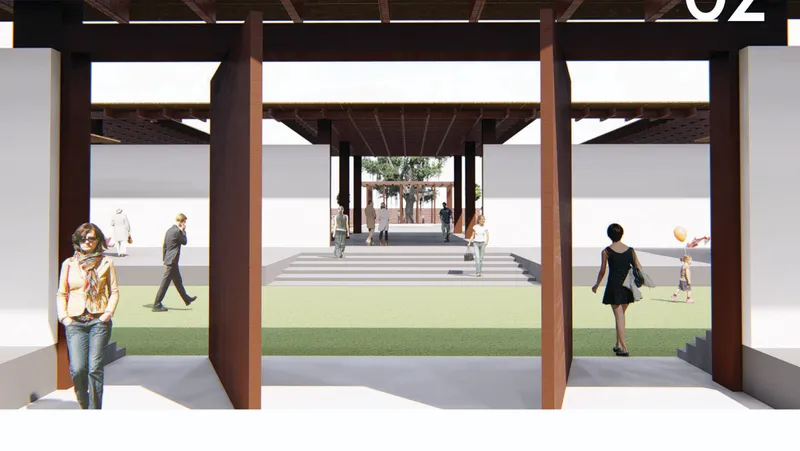 Digital rendering of timber-framed pavilion with exposed beams and clerestory openings framing a central courtyard