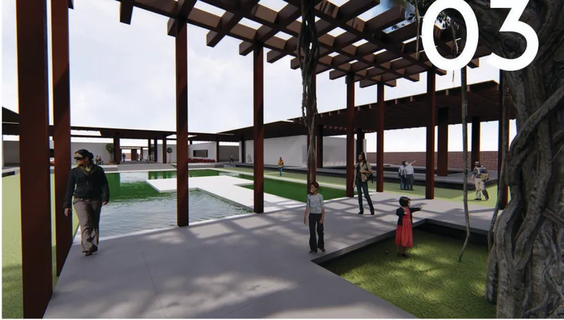 Open-air courtyard with dark timber columns supporting a gridded pergola roof filtering daylight onto paved walkways