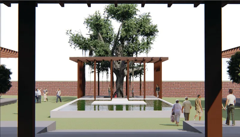 Axial view of timber pavilion framing a mature tree beside a rectangular reflecting pool in a walled courtyard