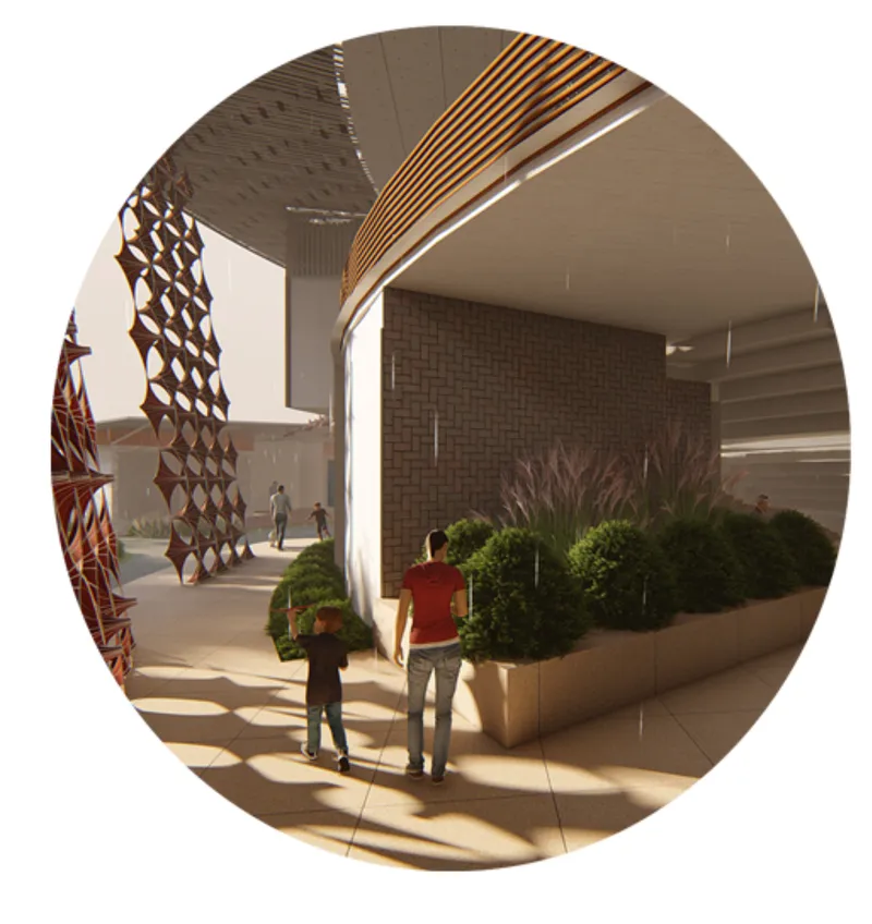 Covered entry plaza with curved timber ceiling slats and patterned copper screen framing two visitors