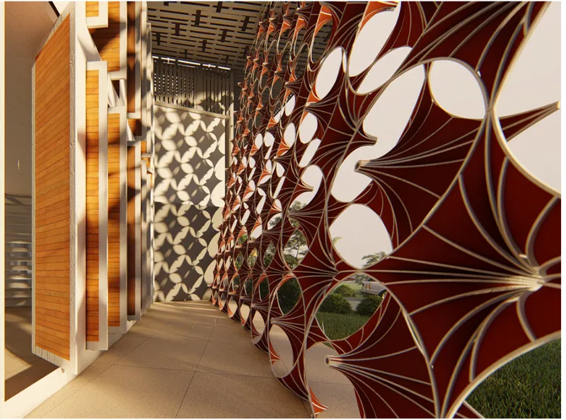 Close view of decorative copper geometric screen wrapping a cylindrical tower with planted courtyard below