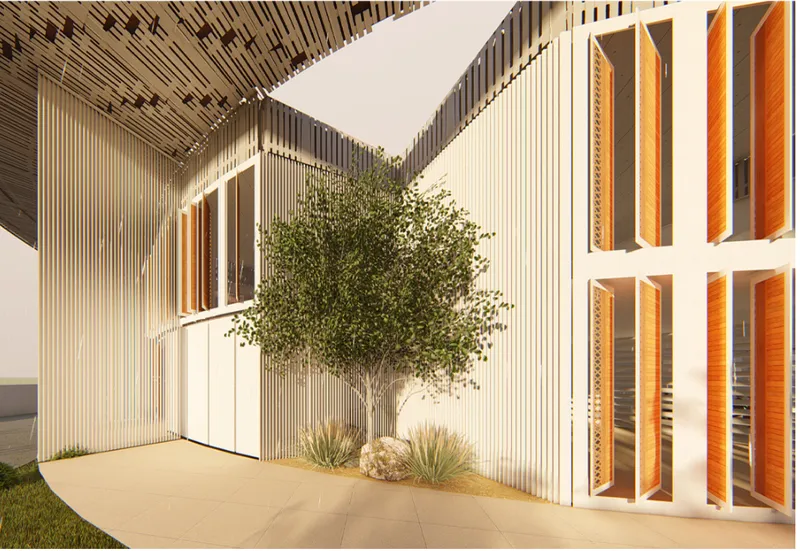 Interior courtyard with vertical white louvers and woven timber ceiling surrounding a single tree