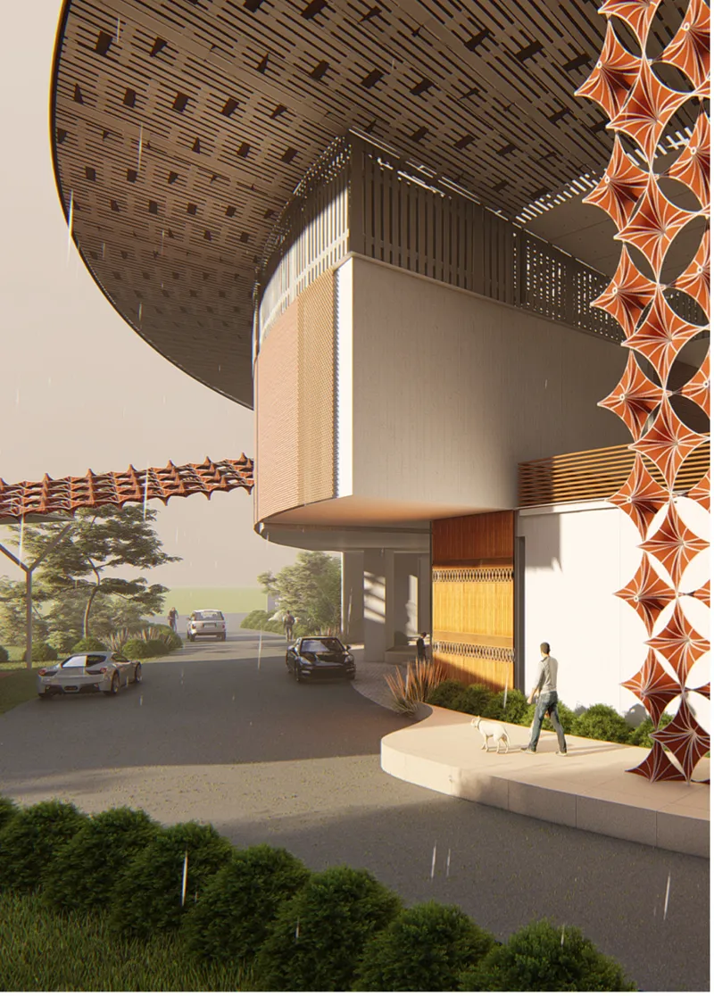 Vehicle drop-off canopy with curved timber soffit and copper screen columns framing a pedestrian walkway