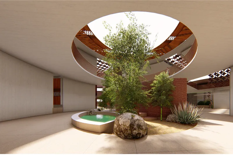 Central courtyard with circular skylight above planted trees and reflecting pool surrounded by brick walls