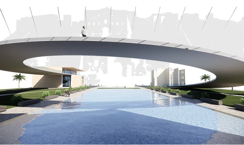 Rendering of a curving overhead canopy above a reflecting pool with pedestrians and palm trees