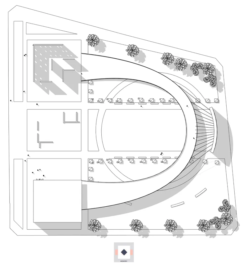 Site plan drawing showing curved structures surrounding a central oval plaza with landscaping