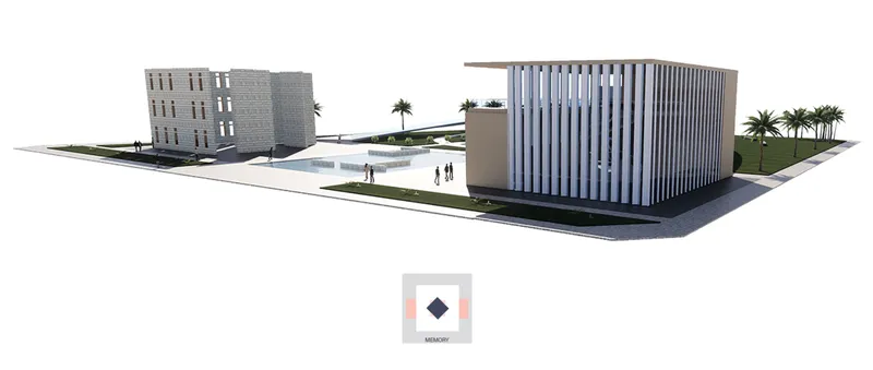 Rendered aerial view of a plaza with vertical louver buildings flanking a central water feature