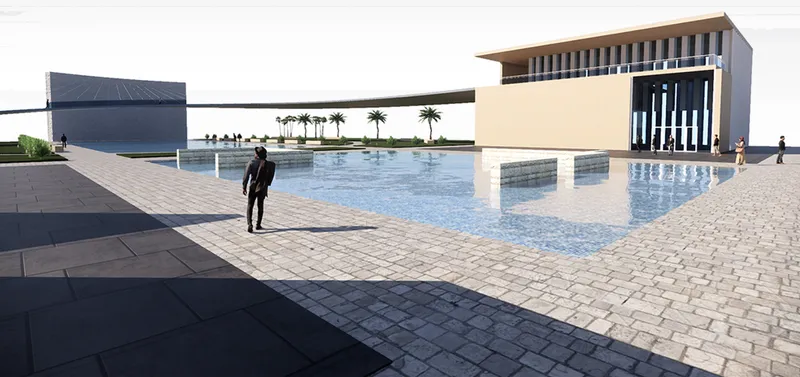 Plaza rendering with paved surfaces and reflecting pools connecting two louvered buildings