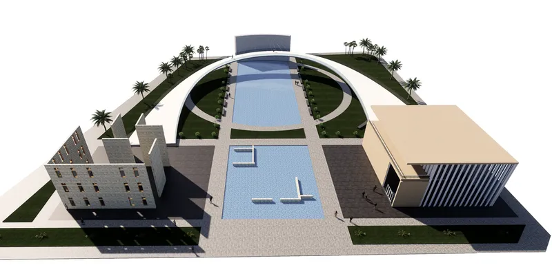 Axonometric model showing a semicircular structure enclosing pools and connecting flanking volumes