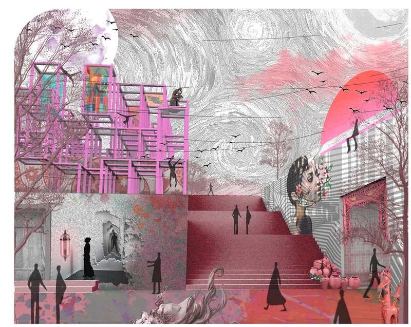 Collage view showing pink scaffolding structures, grand stairs with figures, and striped volumes under a swirling sky with birds