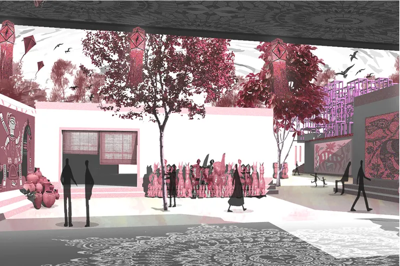 Architectural rendering of a courtyard with pink-toned trees, silhouetted figures, and white volumes under a timber-clad ceiling