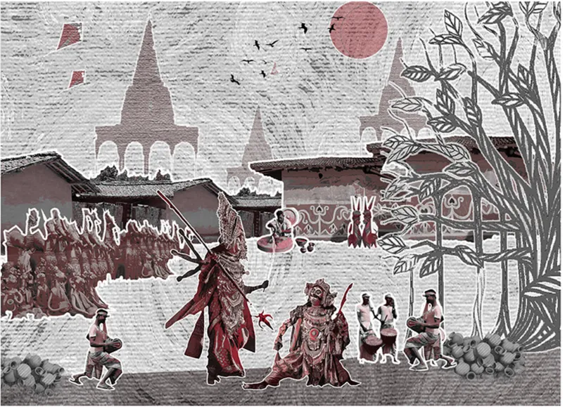 Illustration showing a courtyard scene with pagoda towers, performers, and spectators beneath a red sun and flying birds
