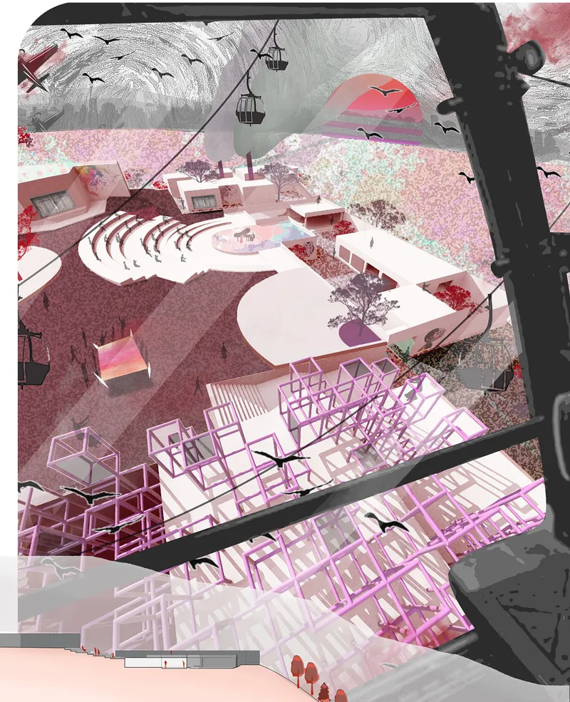 Aerial axonometric drawing of a campus with curved amphitheater, white volumes, and skeletal pink framework structures beneath cable cars