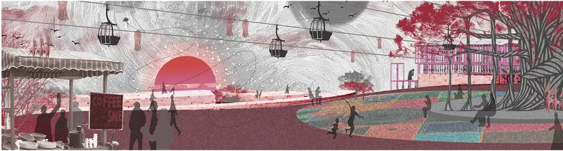 Section drawing showing a terraced landscape with pavilions, cable cars, and figures walking toward a red sunset