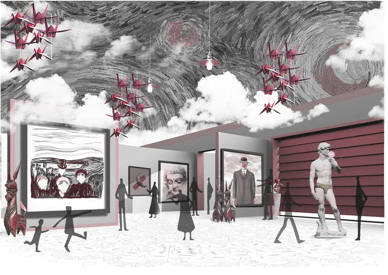 Interior gallery rendering with white walls, framed artworks, sculpture, and visitors beneath a ceiling with red angular forms and clouds
