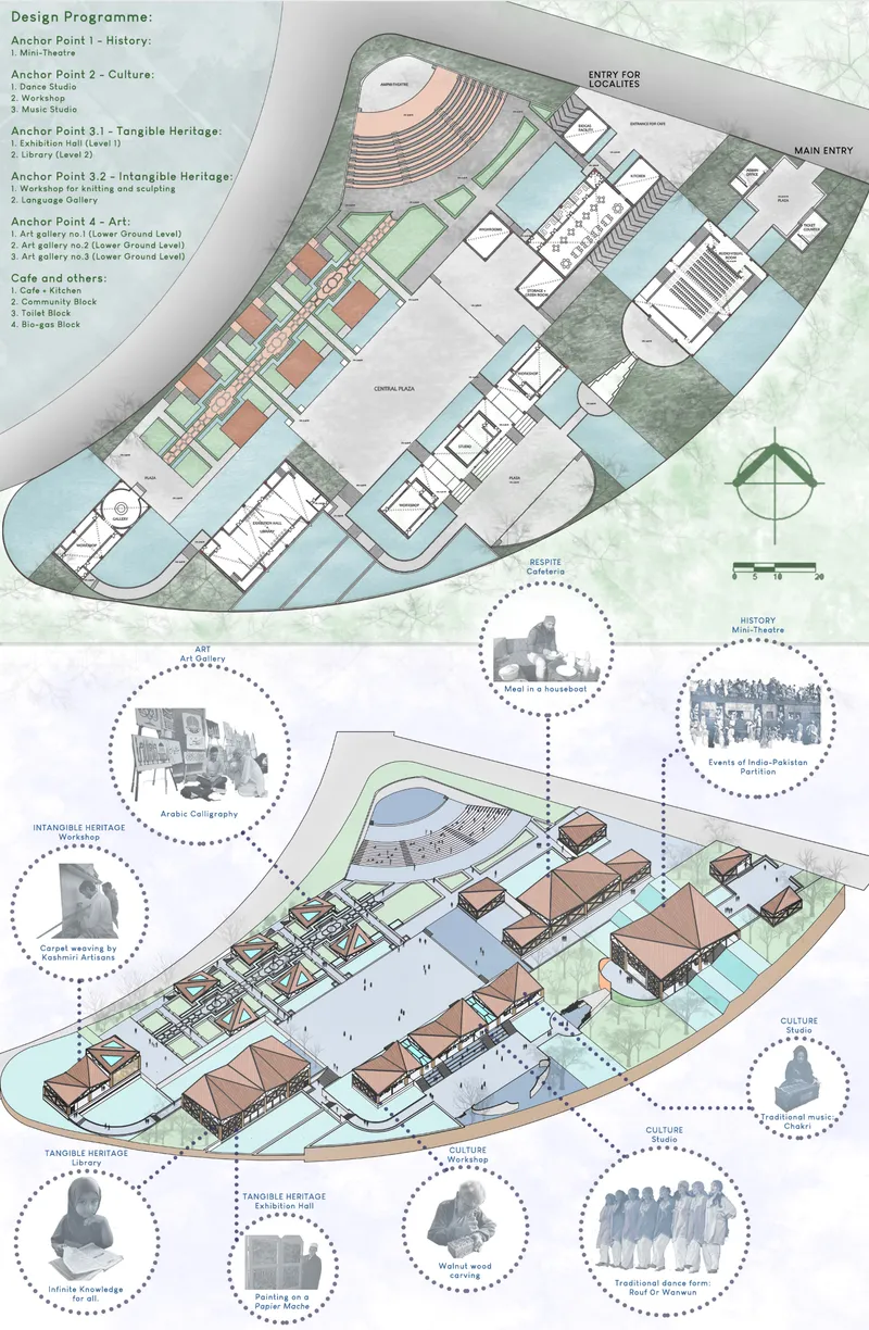 Site plan and axonometric drawing illustrating the layout of interconnected pavilions and courtyards with water features
