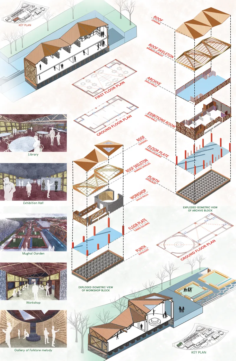 Exploded isometric views of two building blocks showing sequential assembly of structure, floor plans, and interior renderings