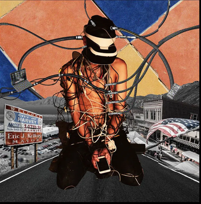 Collage illustration showing a figure wrapped in cables and headset standing on a highway near roadside signage