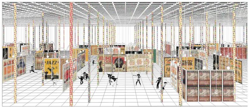 Axonometric drawing of a gridded interior with vertical columns and scattered figures among modular exhibition boxes