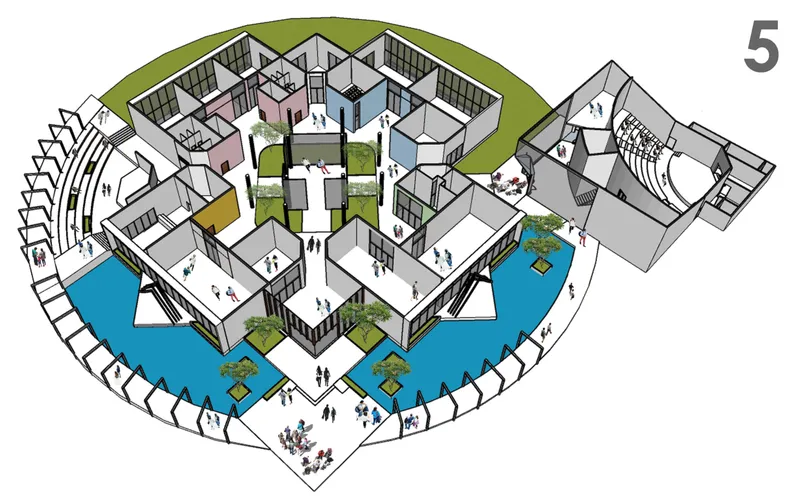 Axonometric drawing showing clustered room volumes around courtyards with green roofs and a surrounding water moat