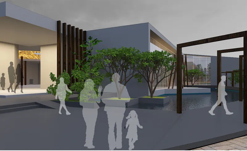 Rendered courtyard view with reflective water channel, timber portal frames and pedestrians passing beneath planted trees