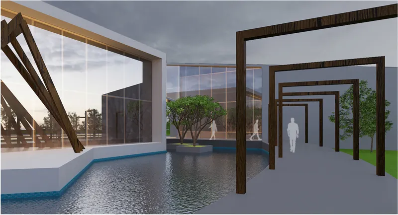 Interior courtyard perspective showing repeating timber portal frames alongside water feature and glass enclosures
