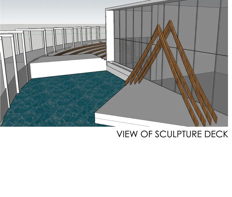 Section perspective drawing of a deck with angled timber structural elements beside a teal water feature