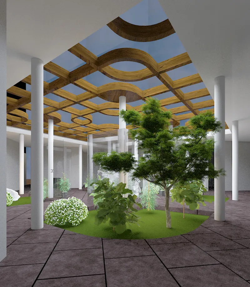 Interior courtyard render with circular planted garden beneath curved timber ceiling grid and white columns