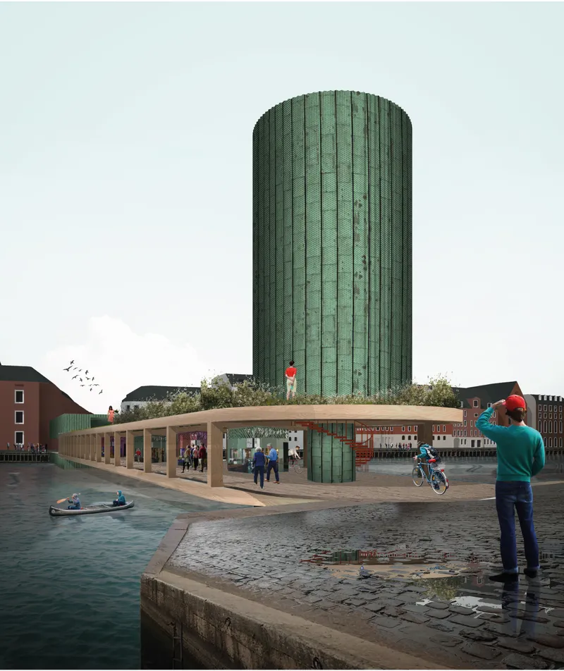 Colonnade wrapping around a cylindrical green tower with pedestrians and cyclists along the waterfront