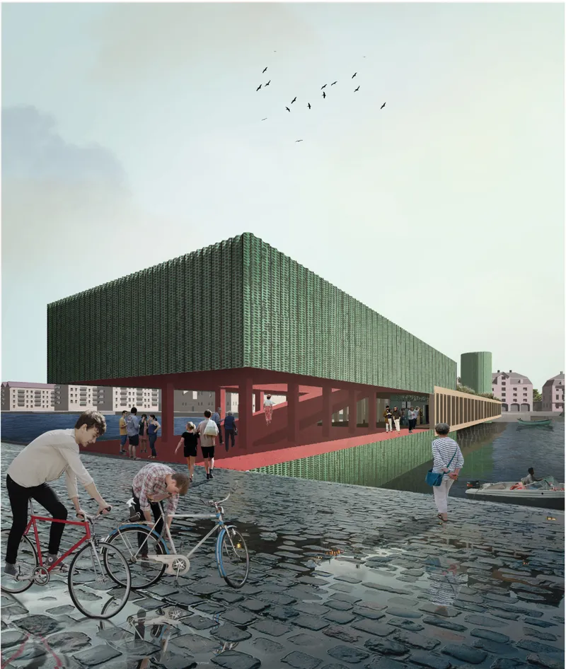 Green slatted volume elevated on red structural frame with birds flying overhead